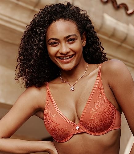 Uca Lingerie Deep V Longline Bra, Floral Lace Plunge Bra, Underwire Padded Bra, Orange Lace Bra For Women(34B,Orange) #TOP3