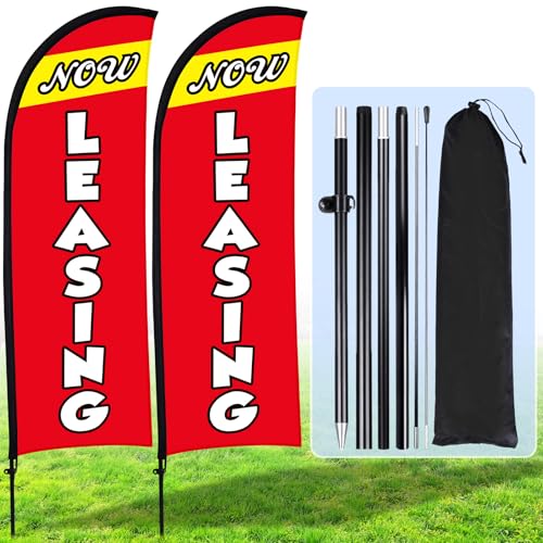 Buryeah 2 Sets Now Leasing Feather Flag Pole Kit Now Leasing Flags Banners Advertising Sign with Flag Pole Ground Stake and Portable Bag for Advertising Business(7ft Red)