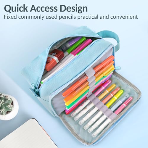 Image of Sooez Original High Capacity Pencil Case, Big Pencil Bag Pouch Box Organizer Pen Case, Aesthetic Supply for Girls Adults, Portable Journaling Supplies with Easy Grip Handle & Loop, Blue
