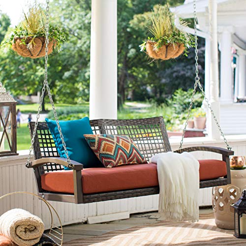 Image of Carry Bird Rattan Wicker Resin Two Seater Sofa Swing For Adults | Garden & Outdoor Hammock Double Swing With Cushions For Kids | Porch Swing Hanging Chair With Cushion & Iron Chains | Jhula | 2 Seater Sofa Swing | All Weather /Balcony /Patio /Indoor /Backyard /Porch /Yard /Outdoor Furniture | Dark Brown Swing-Rust Cushion
