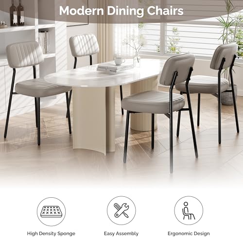 Image of Dining Chairs Set of 4, Faux Leather Dining Chairs with Thick Cushions Seat Back and Metal Legs, Modern Comfy Upholstered Kitchen Chairs for Dining Living Room，Beige