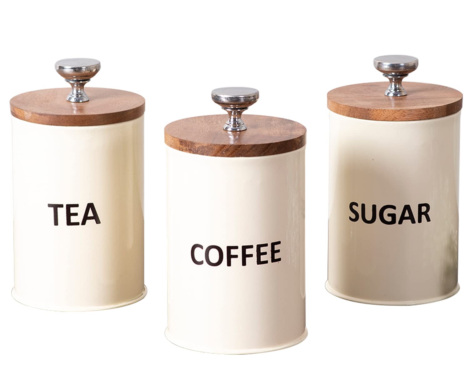 nestroots Tea Coffee containers Jars with Lid for kitchen storage jar containers set of 3 metallic jars organizer, wood & stainless_steel