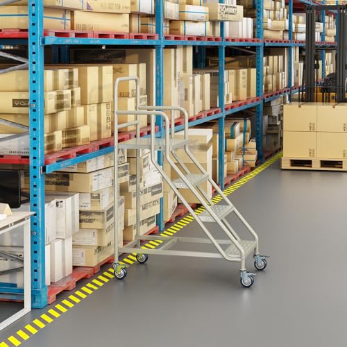 Image of 4 Step Rolling Ladder with Wheels,23.3 inchW x 59 inchH, Industrial & Warehouse Rolling Non-Slip Stairs with Handrails, Steel Platform Ladders, 485LBs Capacity, Easy to Move For Library Goods Shelves