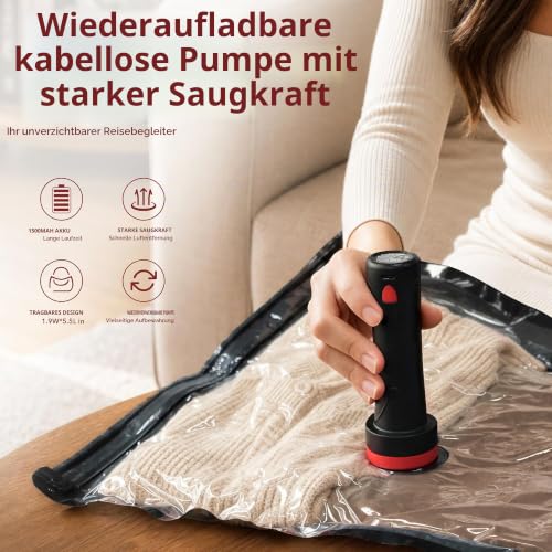 MEIQIHOME 10 Stück PackEase Reise-Vakuumbeutel mit 1500-mAh-Funkpumpe, 80% Platzersparnis für Gepäck… – Ansicht 3