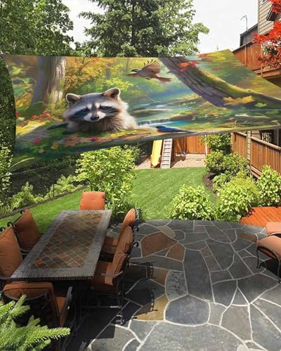 Sun Shade Sails Canopy 12'x16', Green Forest Animal Raccoon UV Protection Outdoor Shade Canopy, Rust Resistant Tear Patio Sail Shade for Sunshade Outdoor Patio Backyard Garden