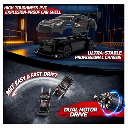Image of High Speed RC Drift Car 20 KM /Hr 1:24 Scale 4WD Remote Control Racing Vehicle with LED Lights, Drift Wheels, Rechargeable Battery & Track Cones for Kids & Adults (Red)