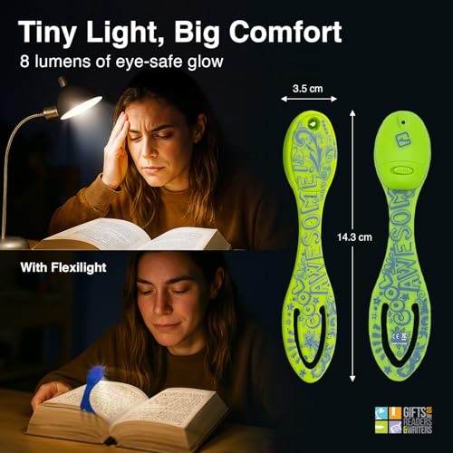 Image of Gifts for Readers & Writers Book Light, Clip On Reading Light for Bed, 2in1 Flexilight & Bookmark, Small & Lightweight with a Soft Glow, 2 Batteries Included, Awesome