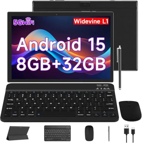 Image of Android 15 tablet 10 inch, 2-in-1 tablets with keyboard /mouse /cover /stylus, 8GB RAM+64GB ROM /1TB expand tablet, 1.8GHz quad-core processor, 1280 * 800 HD touch screen, 8MP camera, 5G WiFi 6