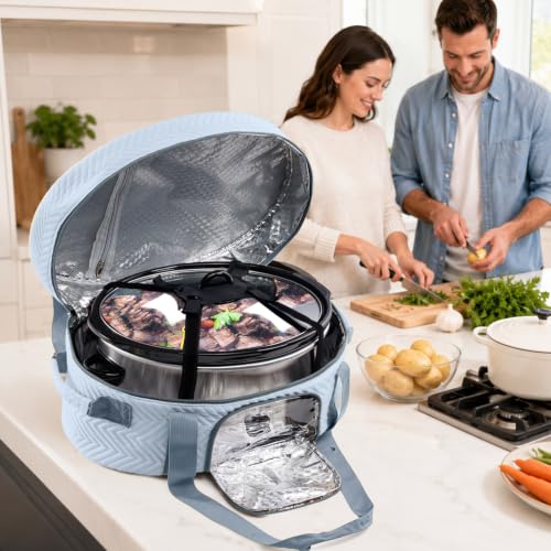 Image of Insulated Slow Cooker Carrying Bag for 6-8 Quart CrockPot and Hamilton Beach Slow Cooker with See-thought Window, Portable Carrier Case with Adjustable Band and Accessory Pocket