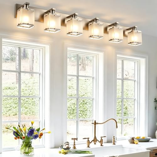 Image of 6-Light Bathroom Light, Brushed Nickel Vanity Light Fixture Over Mirror, Modern Wall Lamp with Rectangular Frosted Glass Shade, Wall Sconce Lighting for Living Room Bedroom Hallway