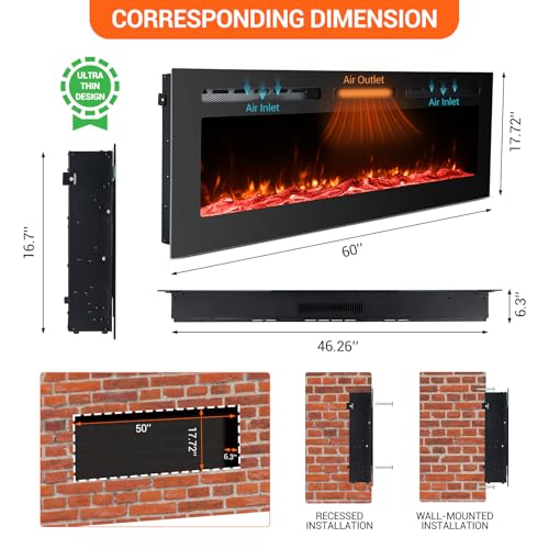 Electric Fireplace in Wall Recessed and Wall Mounted, 60 Inch Modern Fireplace Heater with Multicolor Flame, Timer, 750/1500W Black Fireplace Controlled by Touch Screen or Remote - Image 9