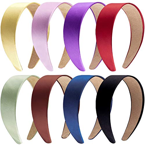 Duufin 8 Pieces Satin Headbands 4cm Colorful Plain Heabands Non-slip Wide Headband DIY Headbands for Women and Girls, 8 Colors