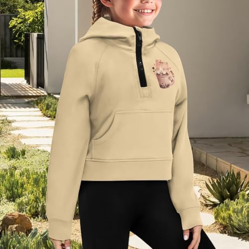 Breathable Girls Hoodie for Sports Stretchy Half Zip Raglan Cropped Sweatshirt with Front Pocket Ages 5-143