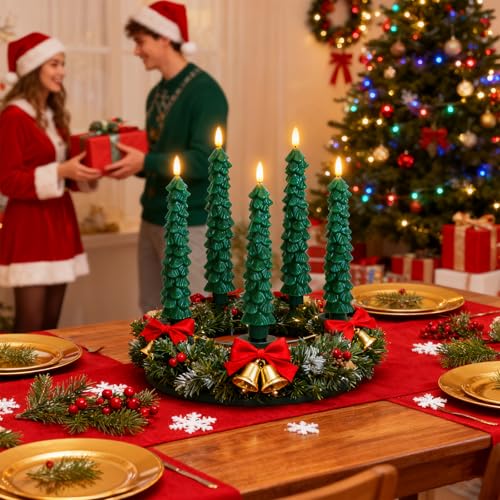 Image of Lezonic 6Pcs Flameless Christmas Tree Candles with Remote Timer, LED Taper Candles Battery Operated Flickering Flame, 10 Inches Green Real Wax Window Candlesticks for New Year Xmas Decorations