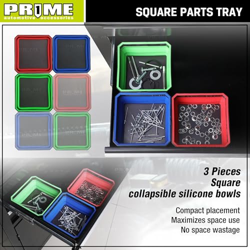 Image of PR1ME Collapsible Magnetic Parts Tray Set, Foldable Magnetic Tray, 3 Pieces 4.25 inch Square Silicone Bowls with Magnetic Base Stores and Organizes Small Parts and Tools (Pack of 2)