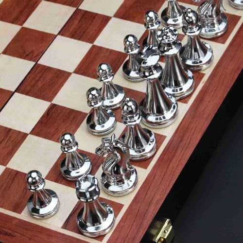 Travel Chess Set Gold Silver Metal Chess Pieces Folding Wooden Chess Board