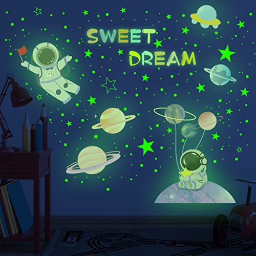 Watercolor Stars Wall Decals Glow In The Dark, Moon Astronaut Wall Stickers For Bedroom, Baby Nursery Planets Decoration For Ceiling #TOP3