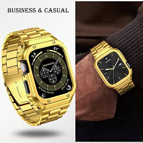 Image of MioHHR Stainless Steel Band and Case Compatible with Apple Watch Bands 46mm | Men Metal Protective Bumper Cover with Straps for iWatch 46mm Series 11 /10, Gold