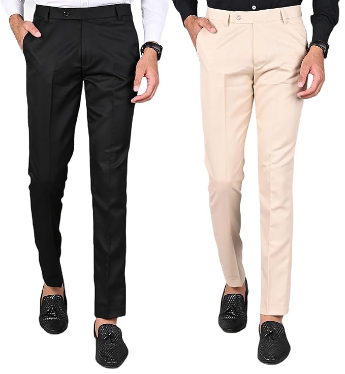 Men's Slim Fit Formal Trousers, Pack of 2, Black & Cream-picture-22