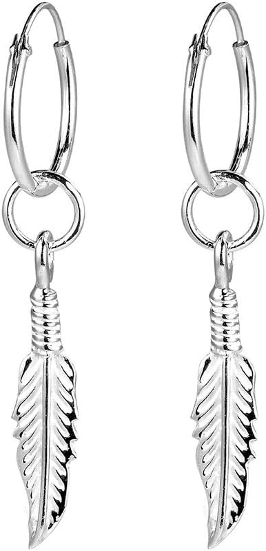 925 Sterling Silver Earrings Feather Hoop Earrings Drop Earrings for Women Men Girls Hoops Diameter 16mm