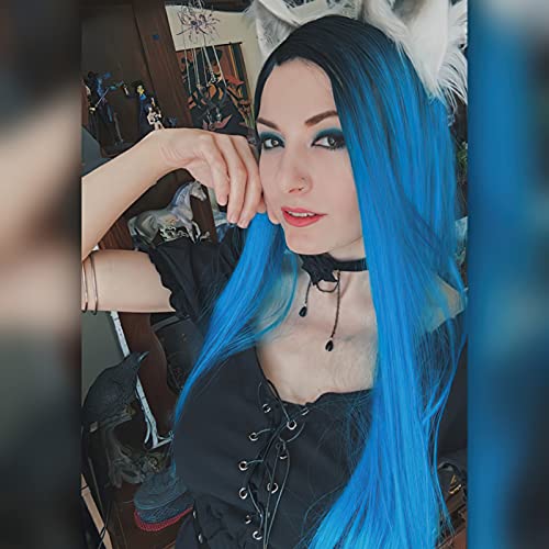 LuLu Haireate Long Blue Wig Straight Colorful Synthetic Wigs for Women Cosplay Daily Wear 28 Inches