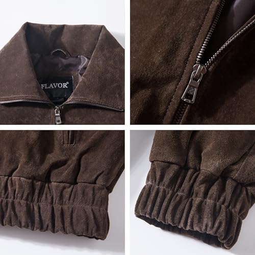 Image of FLAVOR Mens Suede Leather Bomber Jacket Classic Casual Fall Winter Coat
