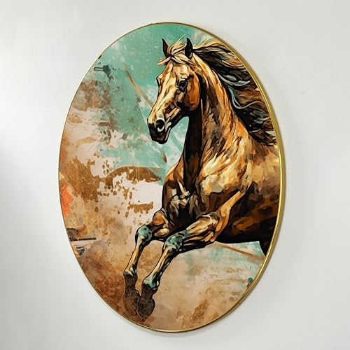 Image of PAINTINGMANTRA Abstract Golden Wild Running Horse Round Large Wall Art Painting for Living Room Decoration, Circular Gold Metal Finish Stylish Large Wall Art Print for Wall Decor (22x22 Inches)