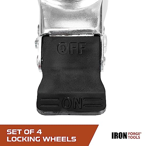 Image of Iron Forge Tools Rolling Storage Rack Caster Wheels Heavy Duty - Set of 4 Locking Castor 3 Inch 530 lb Capacity for Boltless Self Locking Shelving Racks, Nylon and Steel Ball Bearing Wheels