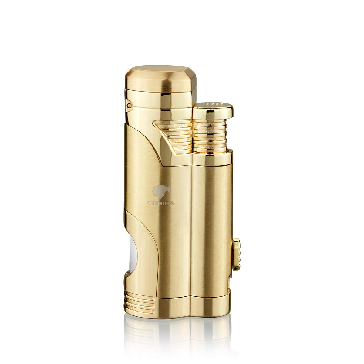 Cigar Torch Lighter with Punch Butane Refillable Lighters 2 Jet Flame Torch Strong Windproof Without Gas (Gold)