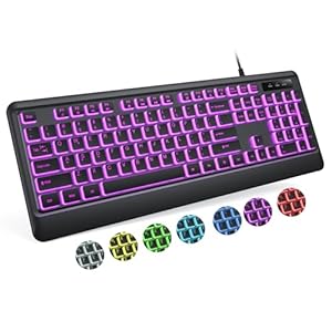 Backlit Computer Keyboards, Wired USB LED Keyboard with 7 Colors Backlight, Plug and Play, Waterproof, Full Size Quiet Computer Keyboard for Windows Desktop, PC, Laptop, Gaming