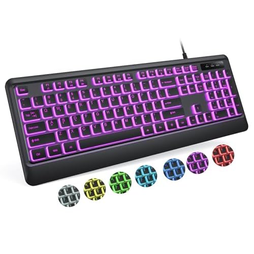 Backlit Computer Keyboards, Wired USB LED Keyboard with 7 Colors Backlight, Plug and Play, Waterproof, Full Size Quiet Computer Keyboard for Windows Desktop, PC, Laptop, Gaming