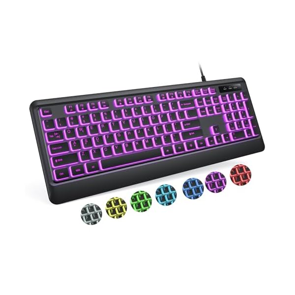 Backlit Computer Keyboards, Wired USB LED Keyboard with 7 Colors Backlight, Plug and Play, Waterproof, Full Size Quiet Computer Keyboard for Windows Desktop, PC, Laptop, Gaming
