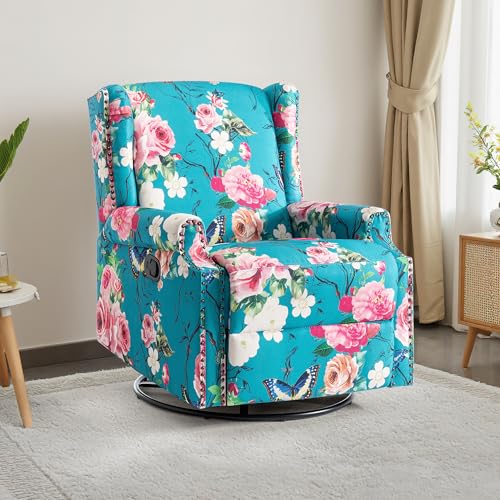 Image of Swivel Rocker Recliner Chair, 360 Swivel Wingback Recliner Chairs for Adults, Upholstered Printed Fabric Glider Rocking Chair with High Back, Deep Seat for Living Romm Bedroom, Peacock Blue