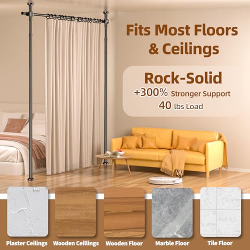 Image of Room Divider No Drilling Curtain Rod Wall Divider for Room Separation, 4-10ft(H) 28-70inch(W) Adjustable,Heavy Duty Floor to Ceiling Portable Hanging Wall Divider for Space Partitions,Black