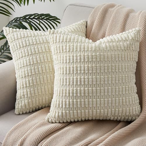 Topfinel Cream Cushion Covers 45 x 45, Corduroy Decorative Fluffy Pillows Cases, Cushions Covers 18x18 inches with Invisible Zipper for Sofa Bed Livingroom Bedroom, Pack of 2