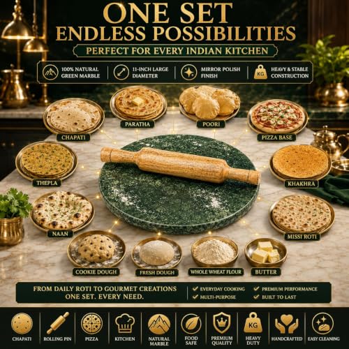 Image of Luxe Craft Green Marble Chakla Belan 11 Inch | Heavy Stone Roti Maker Board | Handmade Chapati Rolling Board for Kitchen | Premium Marble Roti Chakla for Chapati, Puri, Paratha & Baking Dough