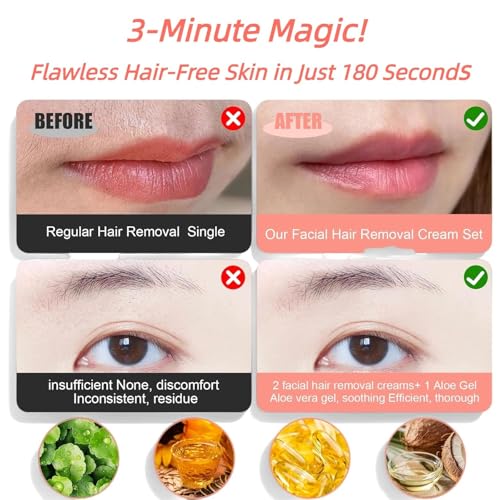Watofun Facial Hair Removal Cream, Remover for Face & Body, Soothing Aloe Gel, For Sensitive Skin, With Coconut Oil, Vitamin E, Painless Hair Remover for Upper Lip, Chin, Eyebrows for Women & Men — view 2