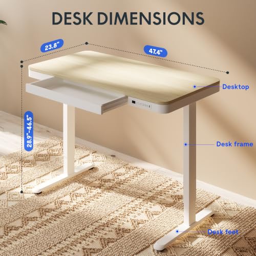 Image of FLEXISPOT Comhar 48 inch Electric Standing Desk with Storage, Built-in Drawer & USB Charging Ports, Height Adjustable Sit Stand Computer Desk, Quick Assembly, Child Lock, Light Maple Finish /White Legs