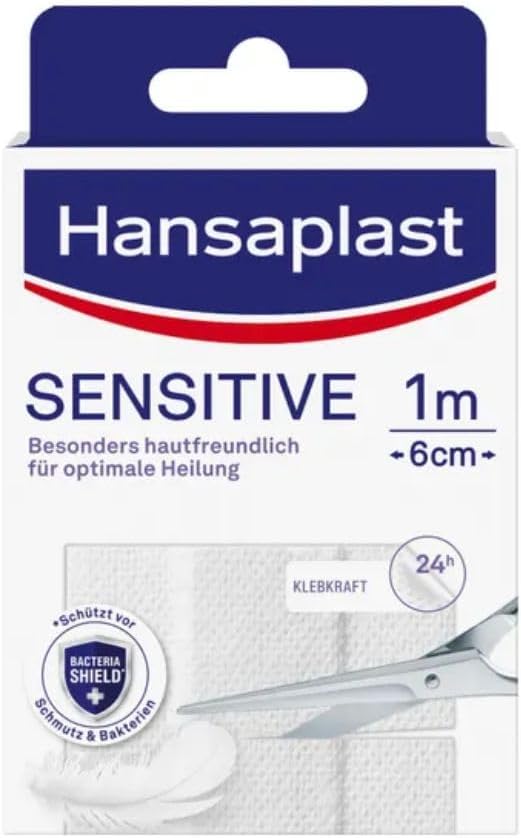 Hansaplast Sensitive Plasters (1 m x 6 cm), Cut to Size, Skin-Friendly Wound Plasters with Bacteria Shield & Secure Adhesion, Painless to Remove