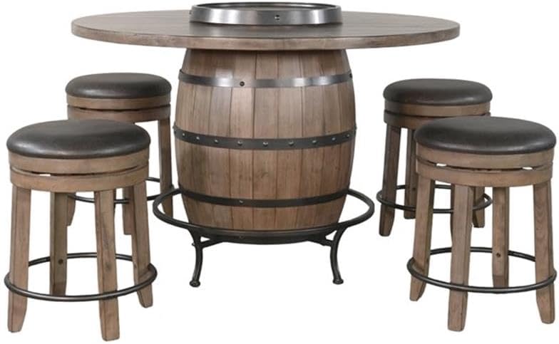 Pemberly Row Round Pub Table Set, Wine Barrel Design Mahogany with Lazy Susan Storage, Powder-Coated Metal Accents, 5-Piece Counter-Height Dining Set for Cozy Vineyard-Inspired Dining Spaces