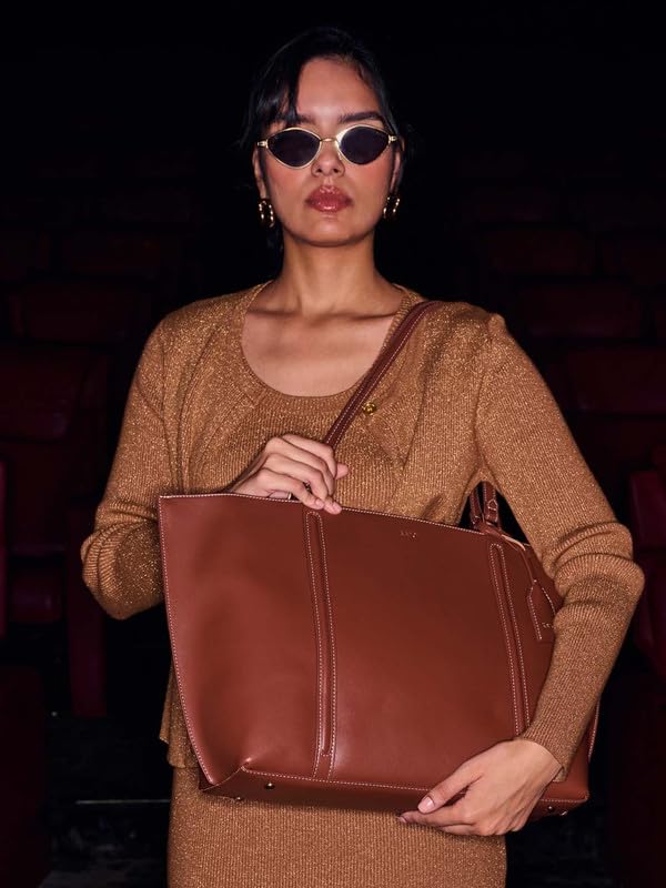 Image of Kazo Ryn Tote Bag | Premium Faux Leather Handbag for Women | Modern Oversized Structured Shopper with Contrast Edge Detail | Brown | Fits 15 inch Laptop