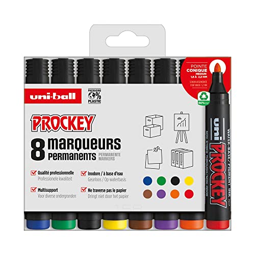 Uni Prockey - UNI-BALL - Uni Mitsubishi Pencil - Marqueur Permanent Inodore PM122 - Multisupport, Base Eau, Sans Odeur - Pointe Conique Moyenne 1,2-1,8 mm - Emballage Zéro Plastique, Lot de 8 Couleurs