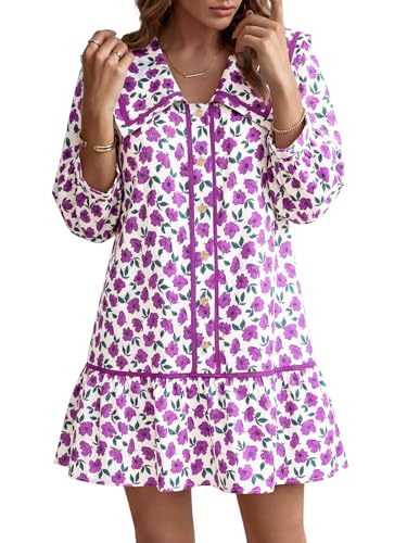 Image of Wenrine Womens Casual Shirt Dresses 3 /4 Long Sleeve Floral Button Down Flowy Babydoll Fall Mini Dress