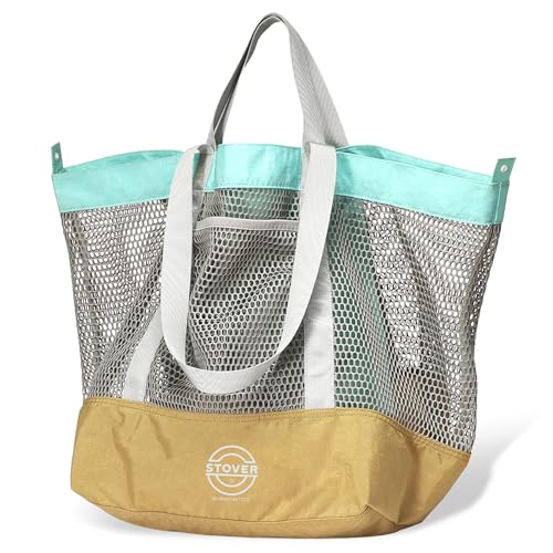 STOVER Large Mesh Beach Bag, Vacation, Pool, Shopping, & Travel Tote - Foldable w/Storage Pockets for Women, Men & Families