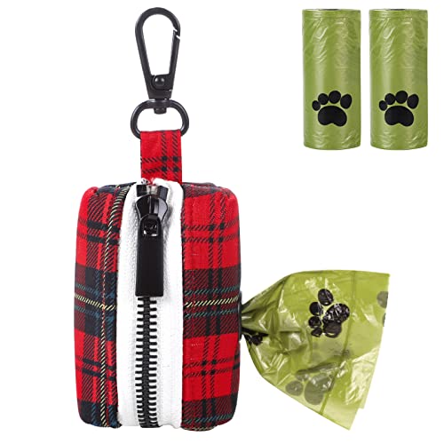 Image of Lionet Paws Cute Dog Poop Bag Holder with Dog Poop Bag for Leash, Cotton Grid Dog Bag Dispenser, Matching Dog Collar