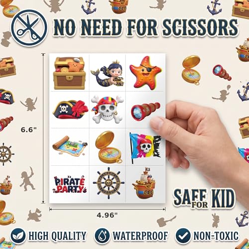 Image of 96 PCS Pre-cut Pirate Temporary Tattoos for Kid, 8 Sheets 3D Kawaii Cartoon | Pirate Party Favors, Waterproof Fake Tattoos Stickers for Boys Girls Goodie Bag Fillers, Treasure Birthday Decorations