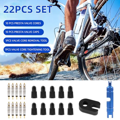 Image of 22 PCS Presta Valve Core Kit, 10 PCS Valve Core for Presta & 10 PCS Presta Valve Adapter Presta Valve Caps with 2 Plastic & Alloy Valve Core Remover Dismantle Removal Tools