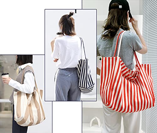 Image of Striped Canvas Tote Handbag for Women Vertical Stripe Large Capacity Shoulder Bag for Shopping Travel