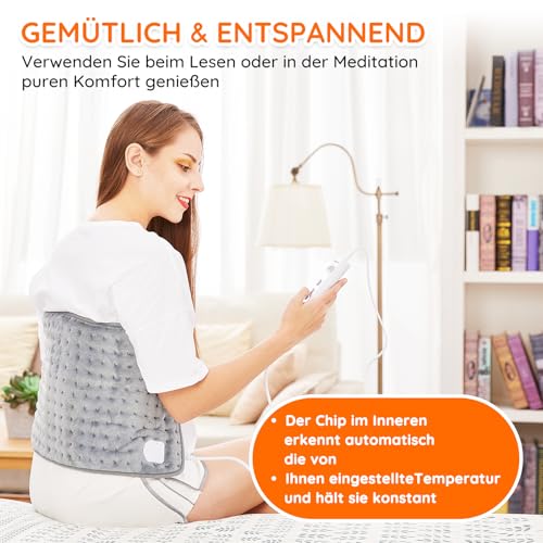 Heizkissen mit Abschaltautomatik 1,5 Stunden für Rücken Nacken Schulter Elektrisch Wärmekissen 10 Stufen Temperaturstufen Schnell Heiztechnik, 30x60cm, Grau