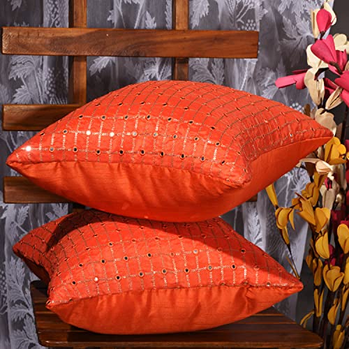 Image of Orange Embroidered 20x20 Cushion Cover Set of 2, Couch Pillow Cover with Mirror Embroidery